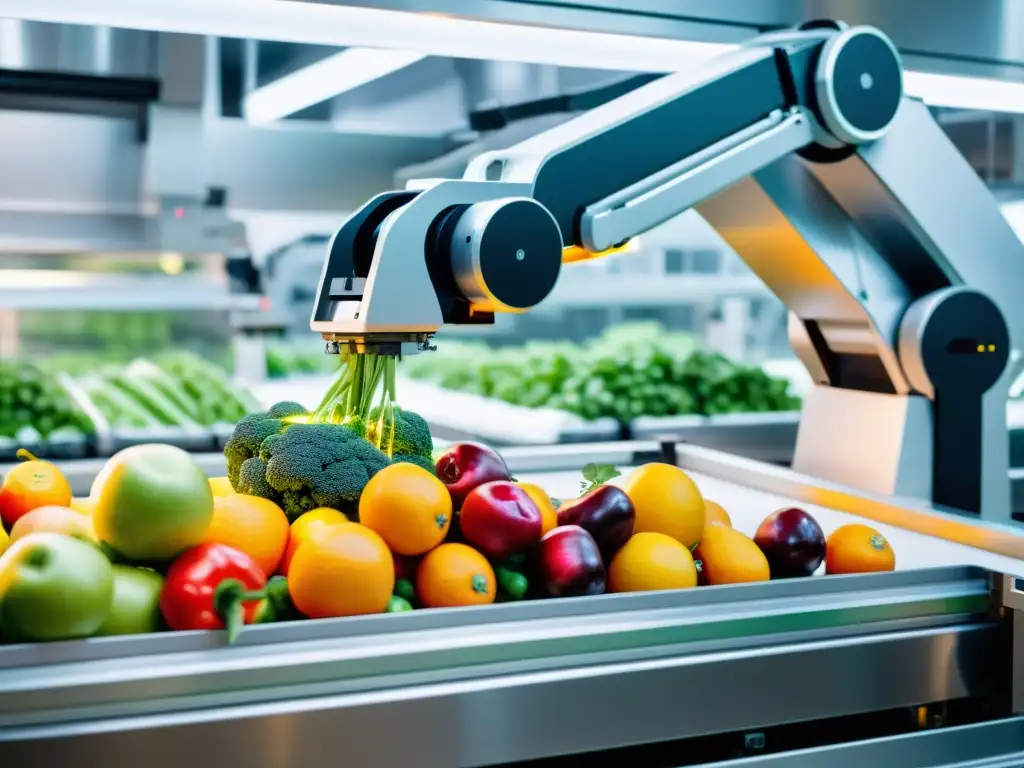 Un brazo robótico de alta tecnología empaca con precisión frutas y verduras frescas en una instalación de producción de alimentos