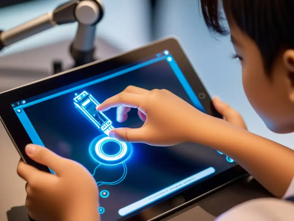Robotic arm guía mano infantil en tableta educativa Un brazo robótico guía con delicadeza la mano de un niño mientras exploran juntos una herramienta educativa en una tablet digital