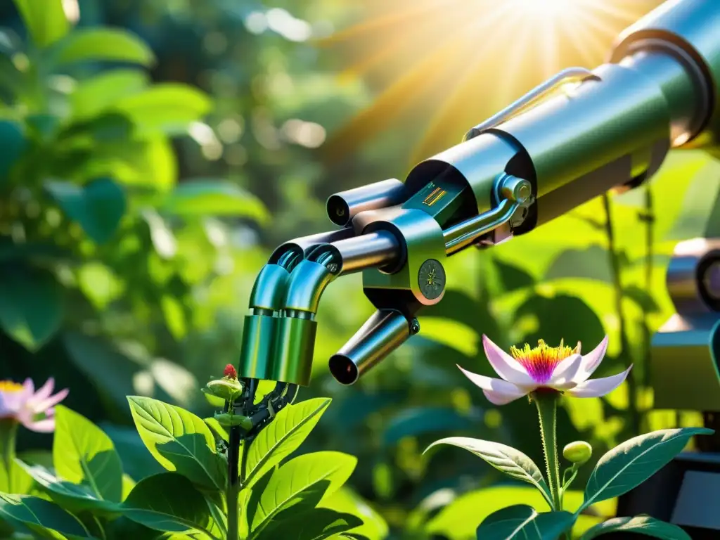 Un brazo robótico cuida con detalle un jardín orgánico, fusionando tecnología e innovación en la agricultura