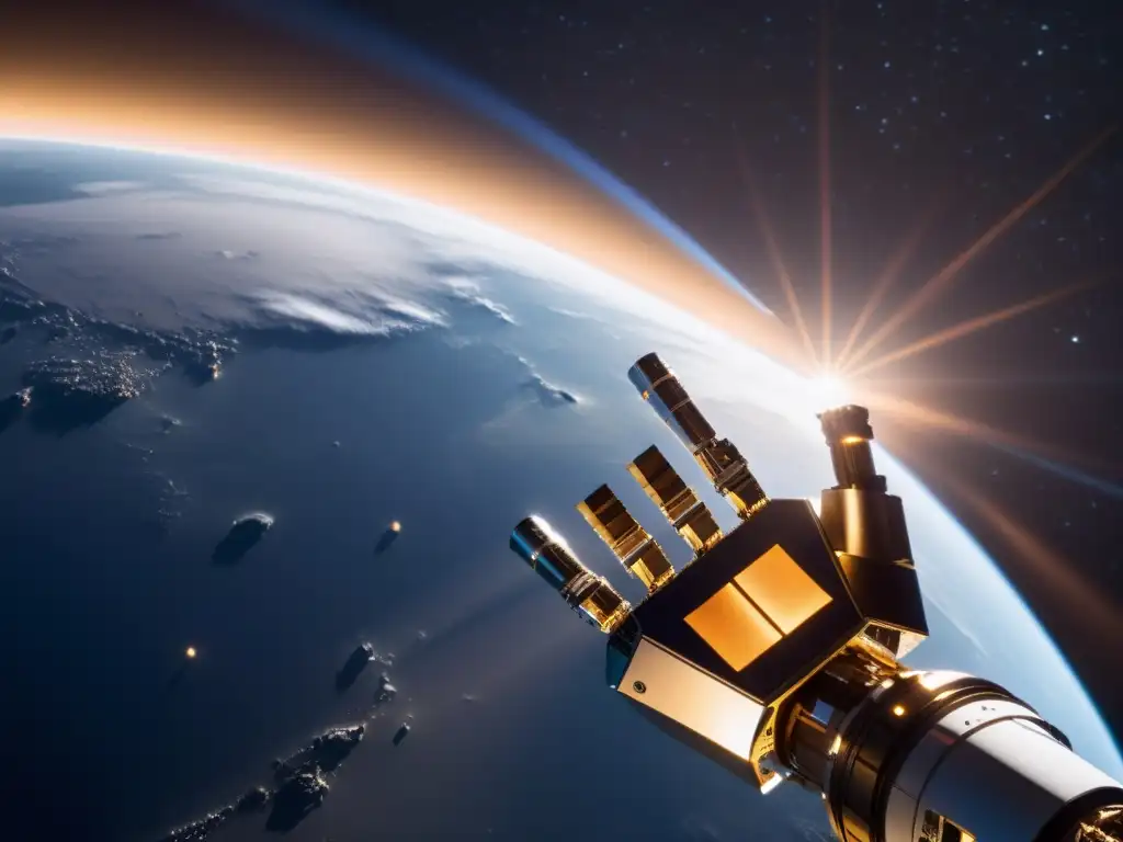 Robótica espacial: precisión y tecnología en la oscuridad del cosmos Un brazo robótico en el espacio sostiene un satélite, mostrando la precisión de la robótica en la exploración espacial