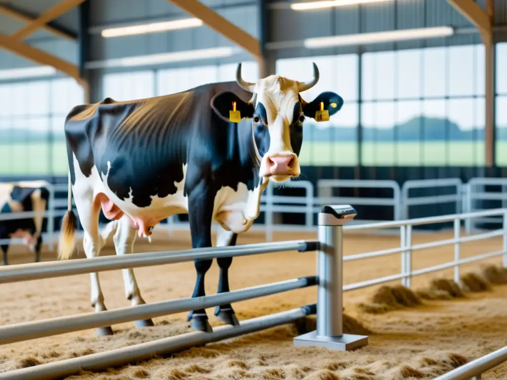 Un brazo robótico futurista realiza controles de salud en una vaca, en una granja moderna