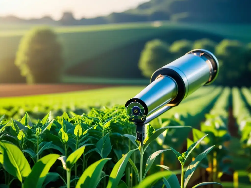 Un brazo robótico futurista cuida con precisión un campo de cultivo verde y exuberante, integrando robots en la agricultura a gran escala