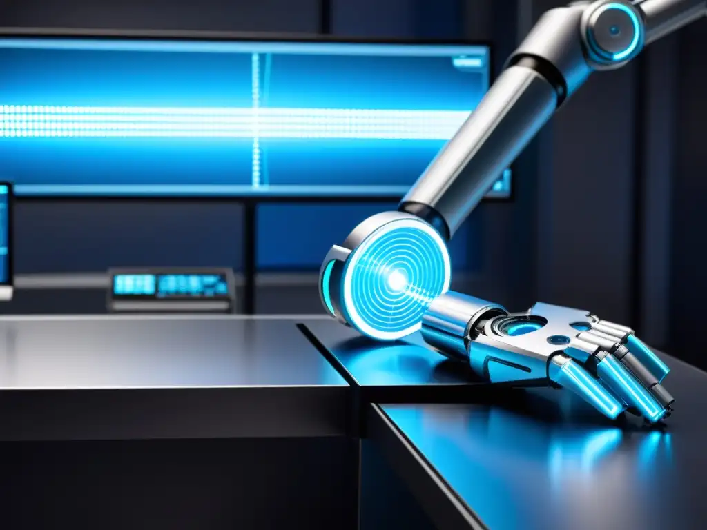 Un brazo robótico futurista enseñando programación para tareas complejas en un laboratorio de alta tecnología