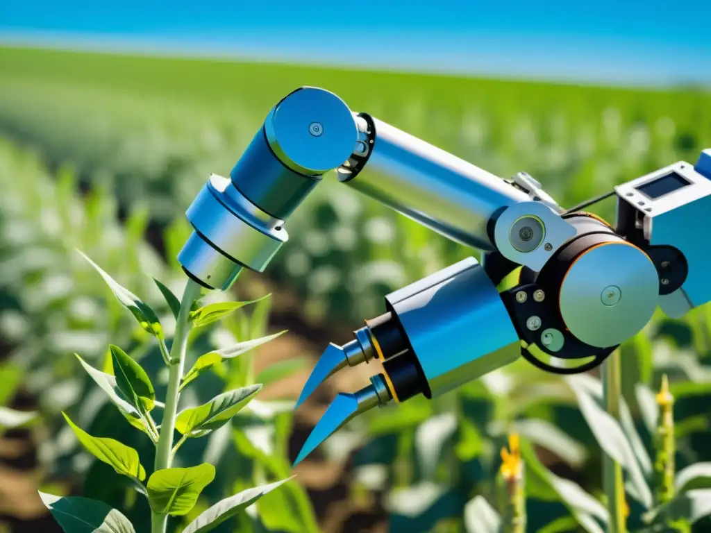 Un brazo robótico moderno en un campo verde, cuidando plantas con precisión