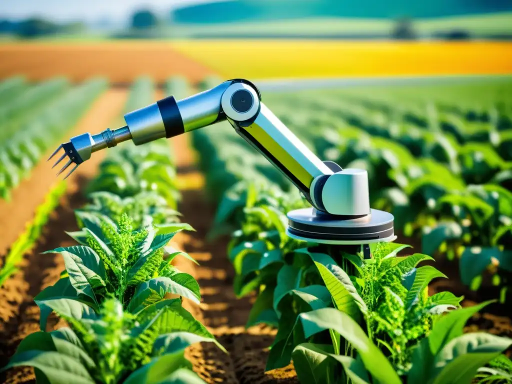 Un brazo robótico moderno cuida con precisión los cultivos en un campo agrícola verde y exuberante