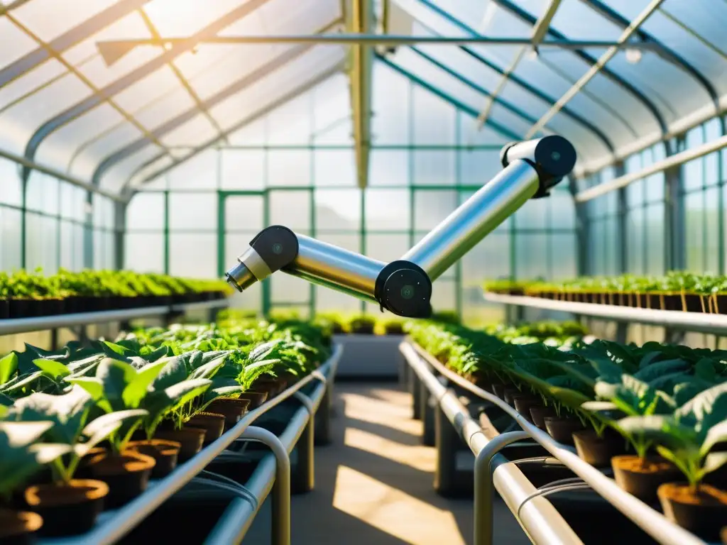 Un brazo robótico moderno trabaja en una exuberante y soleada invernadero, cuidando plantas con precisión