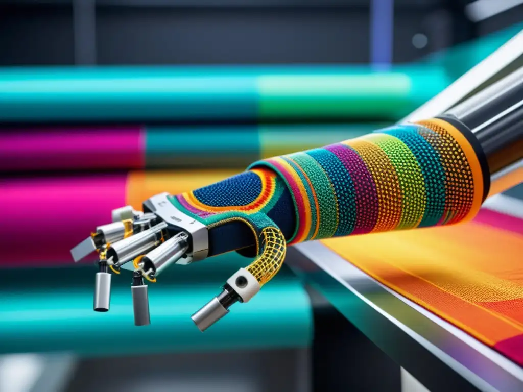 Un brazo robótico de última generación tejiendo patrones textiles coloridos, en un entorno futurista