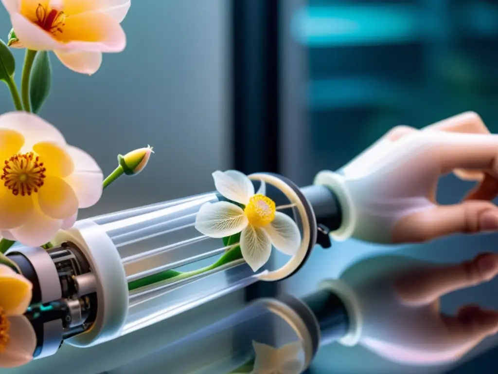 Un brazo robótico suave manipula delicadamente un pétalo de flor en un laboratorio futurista, mostrando la robótica blanda imitando naturaleza