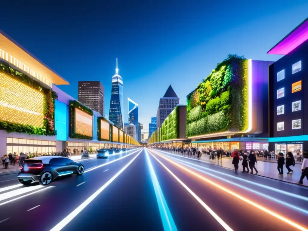 Una bulliciosa calle de la ciudad en la noche, llena de tecnologías emergentes Smart Cities y un ambiente futurista y sostenible