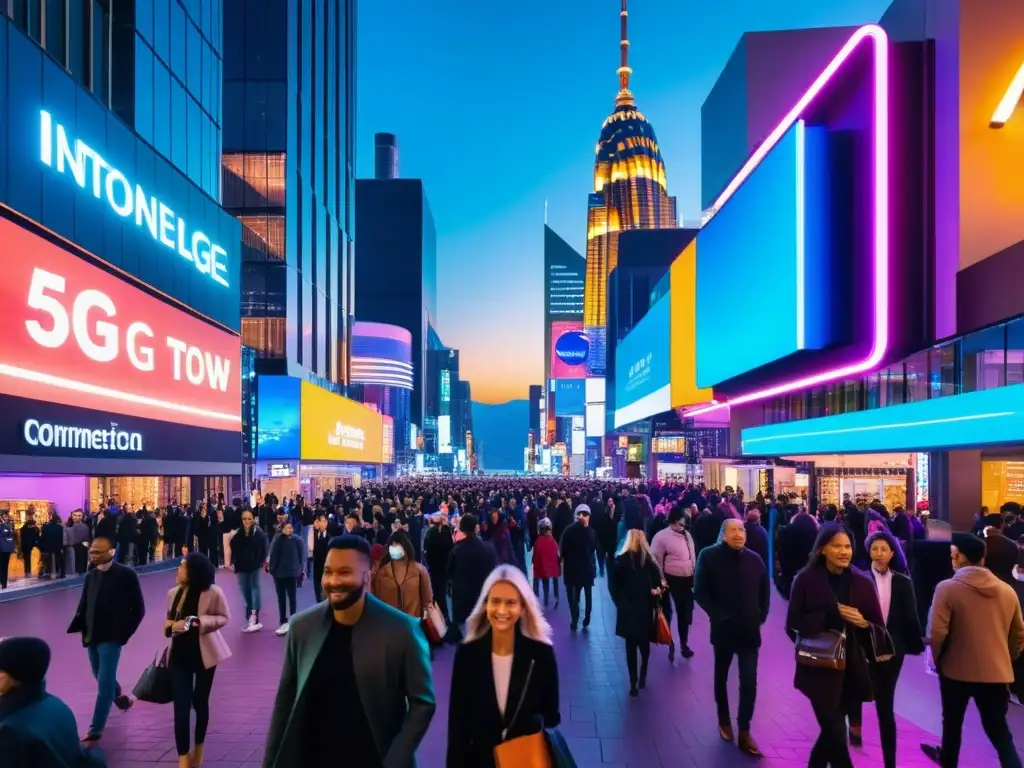 Una bulliciosa calle de la ciudad de noche, iluminada por luces de neón y llena de gente, con torres de red 5G en el fondo