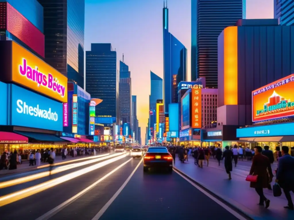 Una bulliciosa calle de la ciudad con rascacielos iluminados por luces de neón, gente caminando y vehículos coloridos