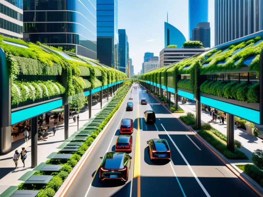 Una bulliciosa calle de la ciudad con tecnología para ciudades inteligentes sostenibles, edificios futuristas y vehículos ecológicos