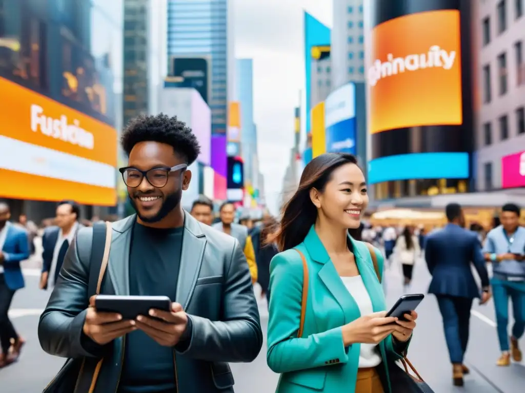 Una bulliciosa calle urbana llena de gente diversa usando tecnologías emergentes accesibles para todos