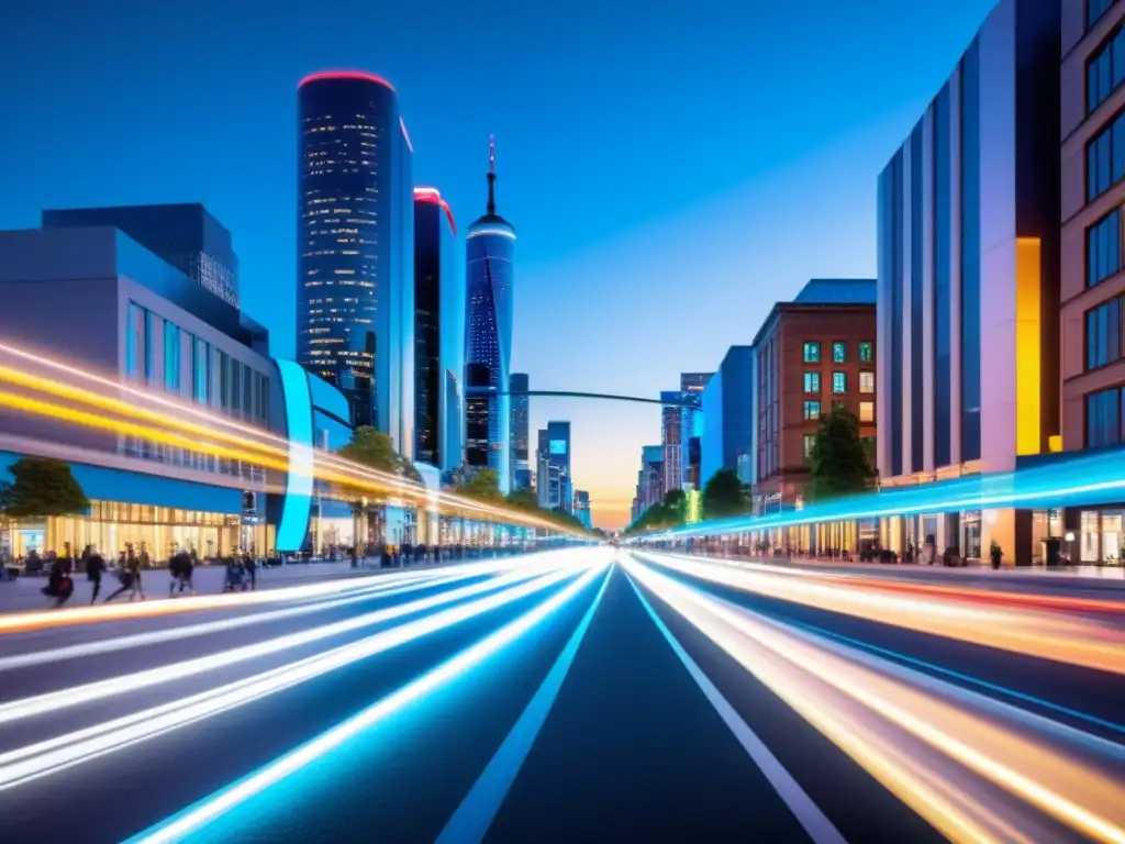 Un bullicioso atardecer en una calle de la ciudad iluminada por luces LED inteligentes, con edificios futuristas