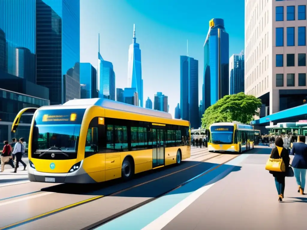 Un bullicioso centro urbano con autobuses futuristas y tecnología IoT en el transporte público