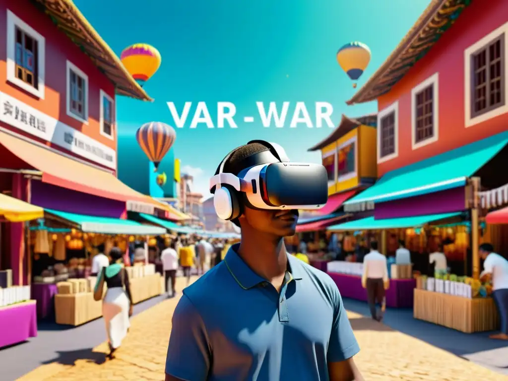 Explorando un bullicioso mercado virtual, la persona usa Realidad virtual en aprendizaje de idiomas