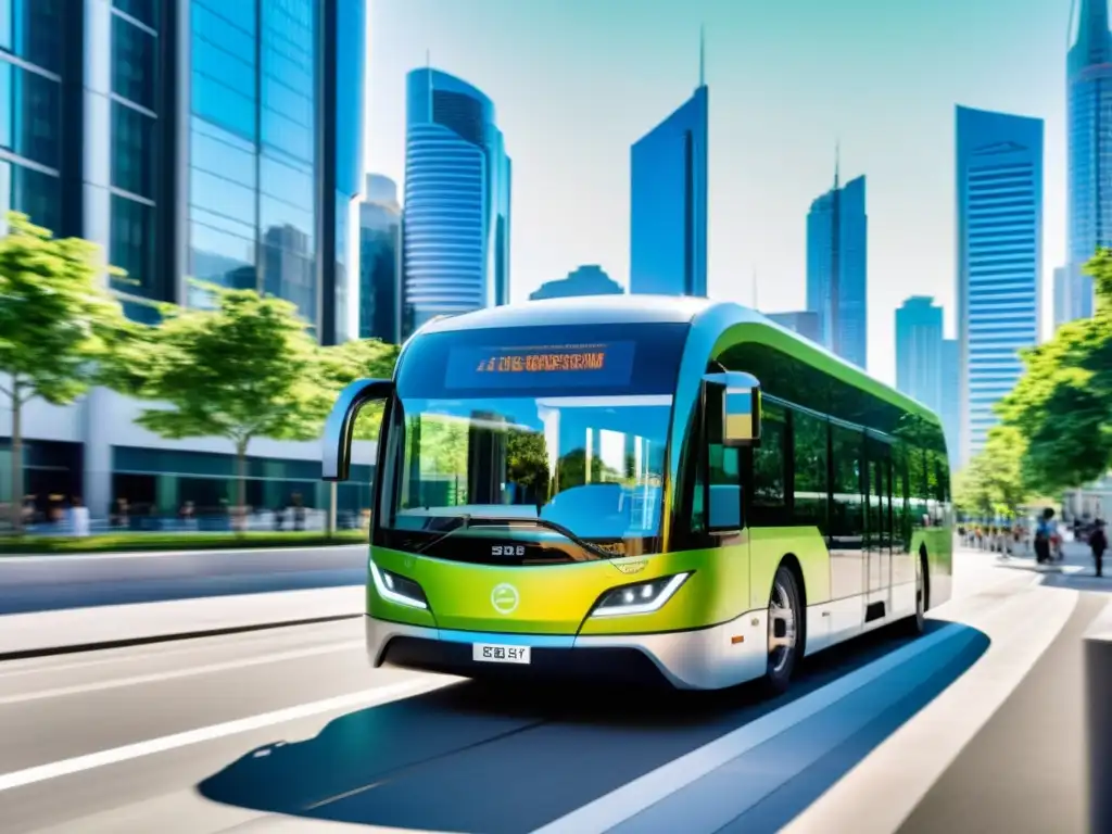 Un bus eléctrico futurista recorre la ciudad, rodeado de conectividad digital