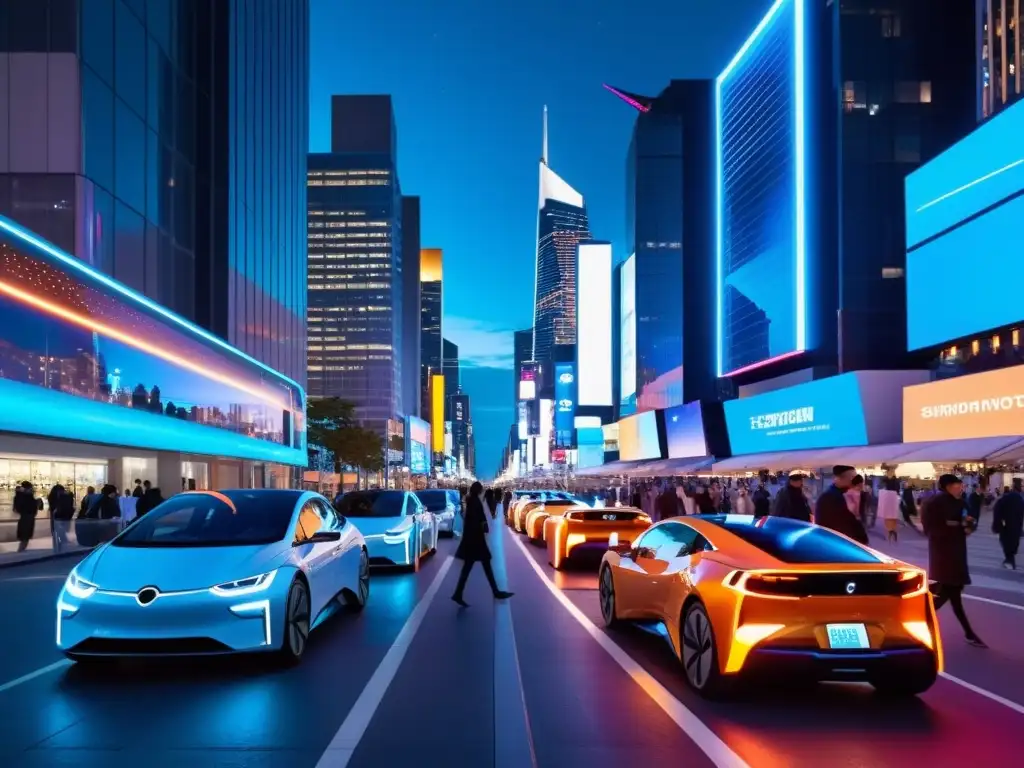 Una calle bulliciosa de la ciudad de noche, iluminada por letreros de neón y luces de autos eléctricos futuristas