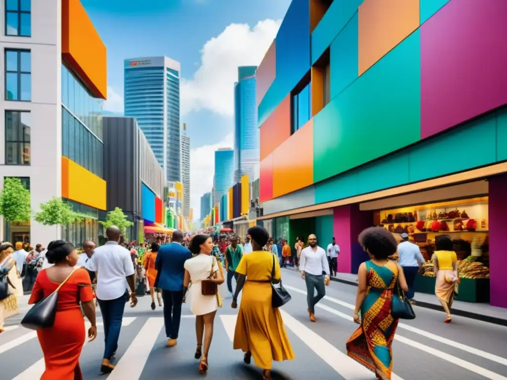 Una calle bulliciosa llena de personas de diversas culturas y etnias, en un escenario urbano que refleja el impacto de la IA en la diversidad cultural