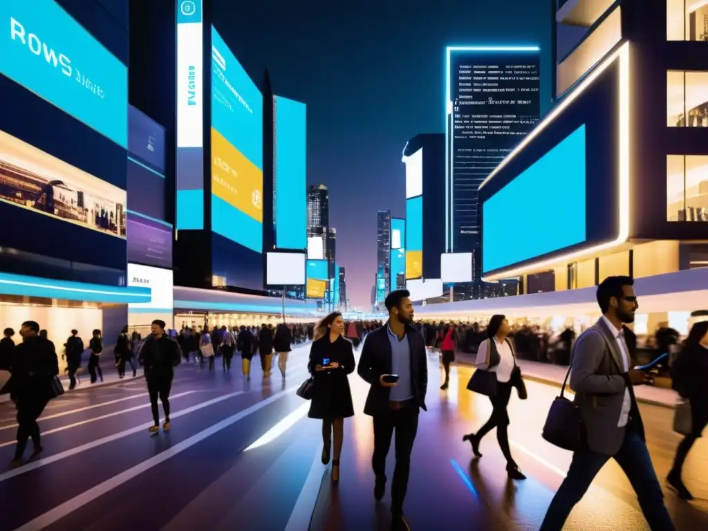 Smart City Nocturna: Innovación y Conectividad 5G Una calle de ciudad vibrante de noche, iluminada por modernas farolas inteligentes 5G