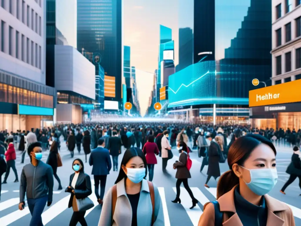 Una calle urbana llena de gente usando mascarillas, con una superposición digital futurista mostrando puntos de datos y líneas de conectividad, resaltando el debate sobre privacidad en la era del rastreo IoT