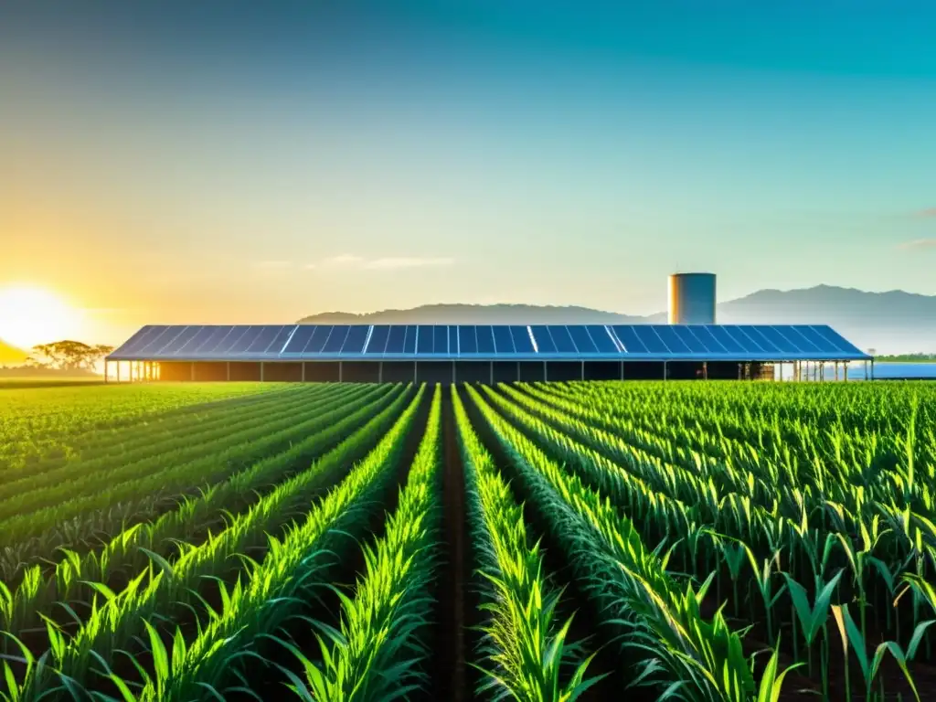 Un campo de caña de azúcar saludable se extiende hacia el horizonte, bañado por una cálida luz dorada