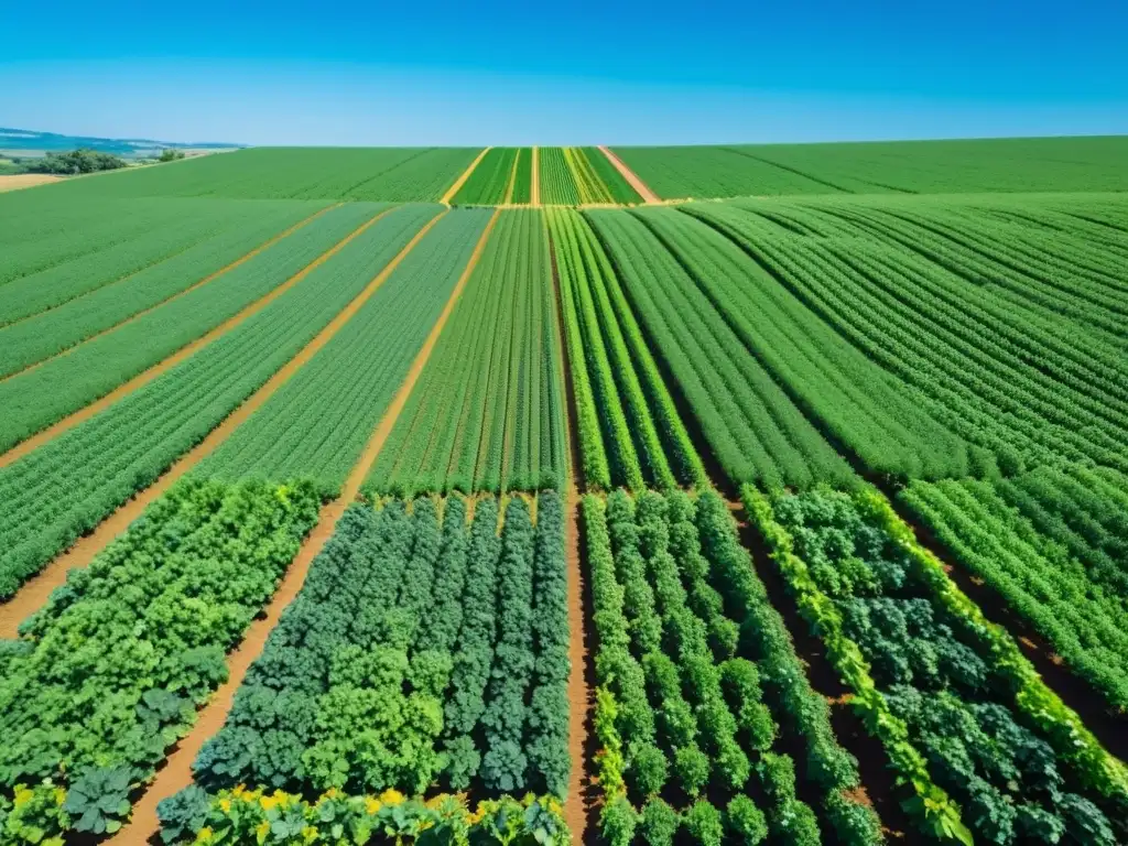 Un campo de cultivo exuberante se extiende hacia el horizonte, con cultivos saludables y un cielo azul