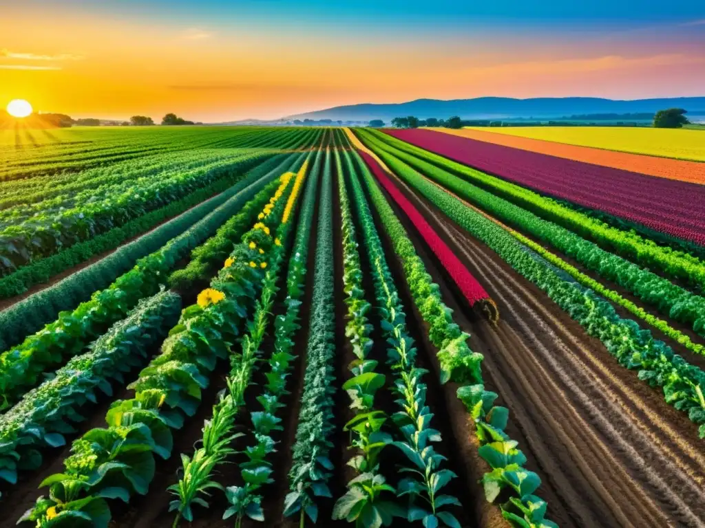 Un campo de cultivo exuberante y vibrante, con filas de cosechas coloridas y saludables que se extienden hacia el horizonte