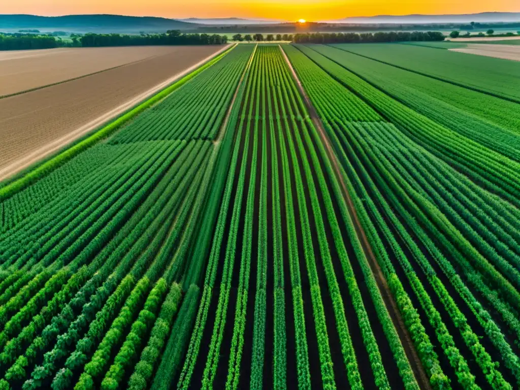 Campo de cultivo verde extenso bañado en la luz dorada del atardecer, con tecnología 5G en agricultura de precisión