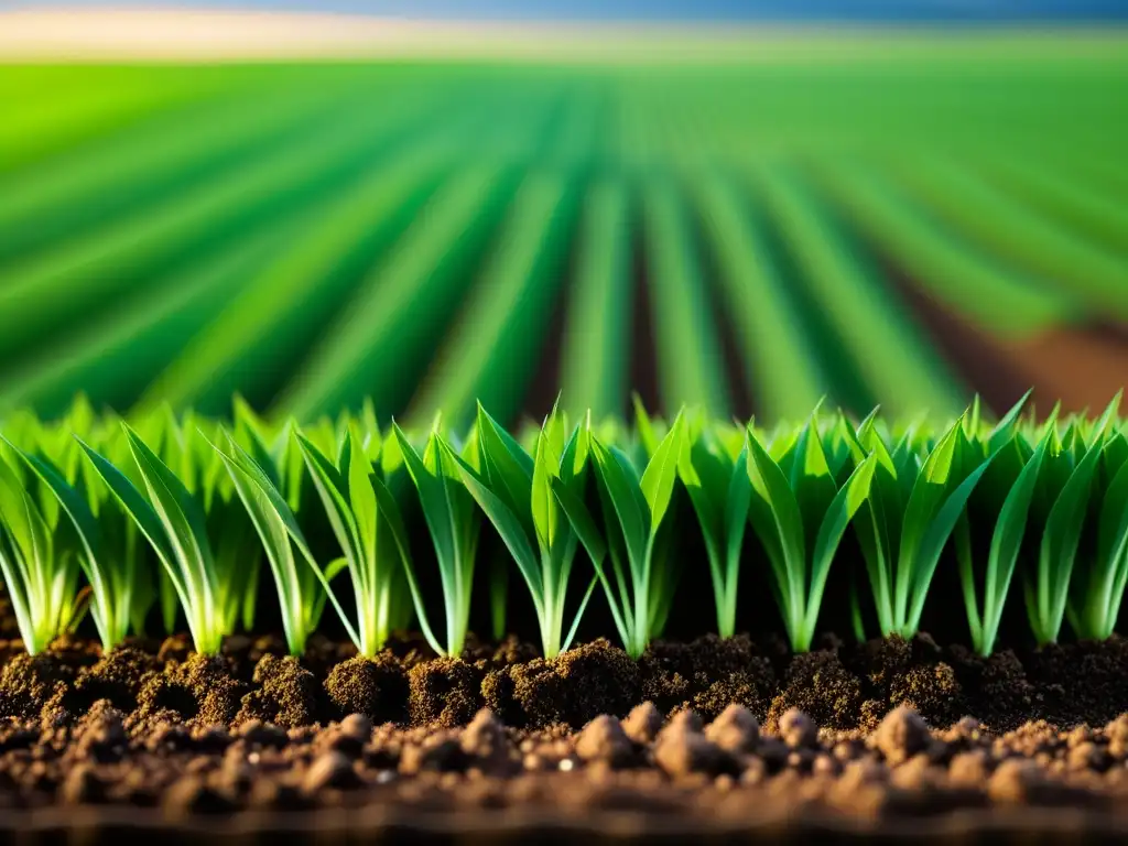 Campo de cultivo verde exuberante con nanosensores integrados en plantas, mostrando beneficios de nanotecnología en agricultura