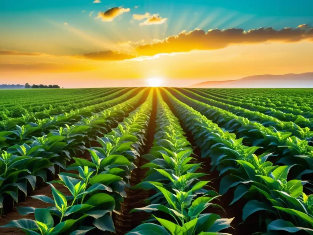 Un campo de cultivos genéticamente modificados se extiende hacia el horizonte, con tallos verdes vibrantes alcanzando el cielo