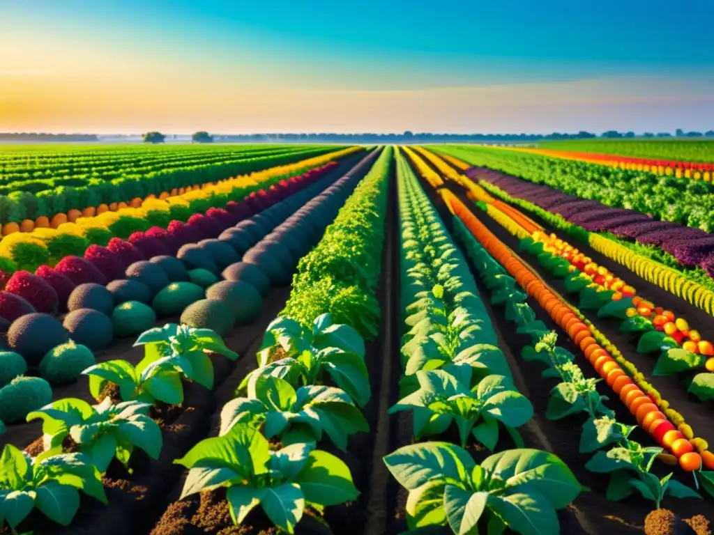 Un campo de cultivos vibrantes y precisamente plantados se extiende a lo lejos, con hortalizas y frutas coloridas organizadas en un patrón geométrico