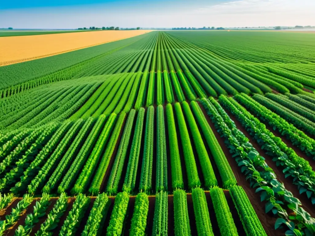 Un campo de cultivos vibrantes, con tecnología nanotecnológica integrada, bañado por la cálida luz dorada del atardecer