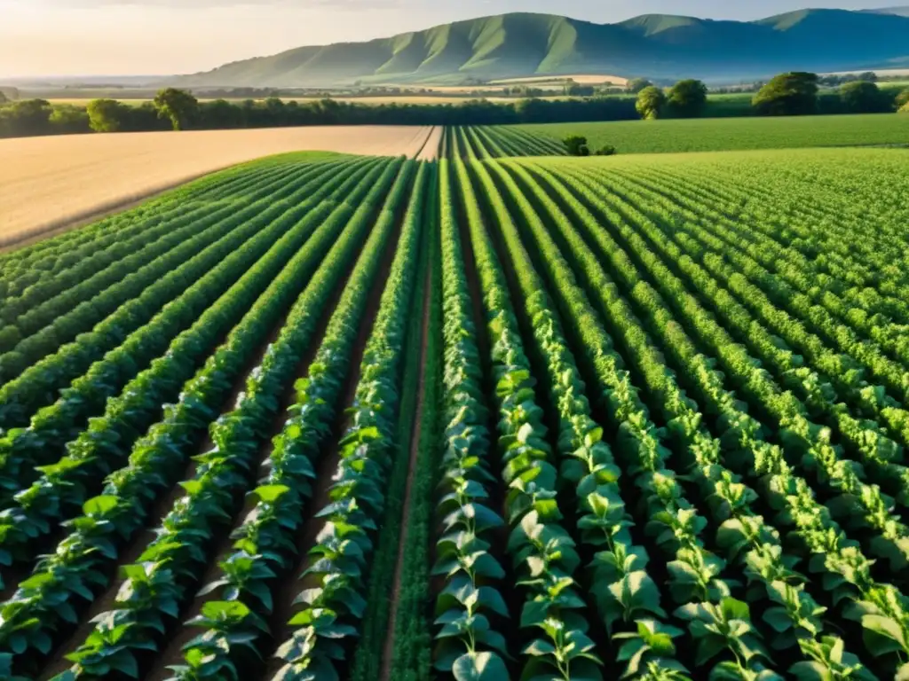 Un campo de cultivos vibrantes y verdes se extiende hacia el horizonte, bañado por la cálida luz dorada del sol