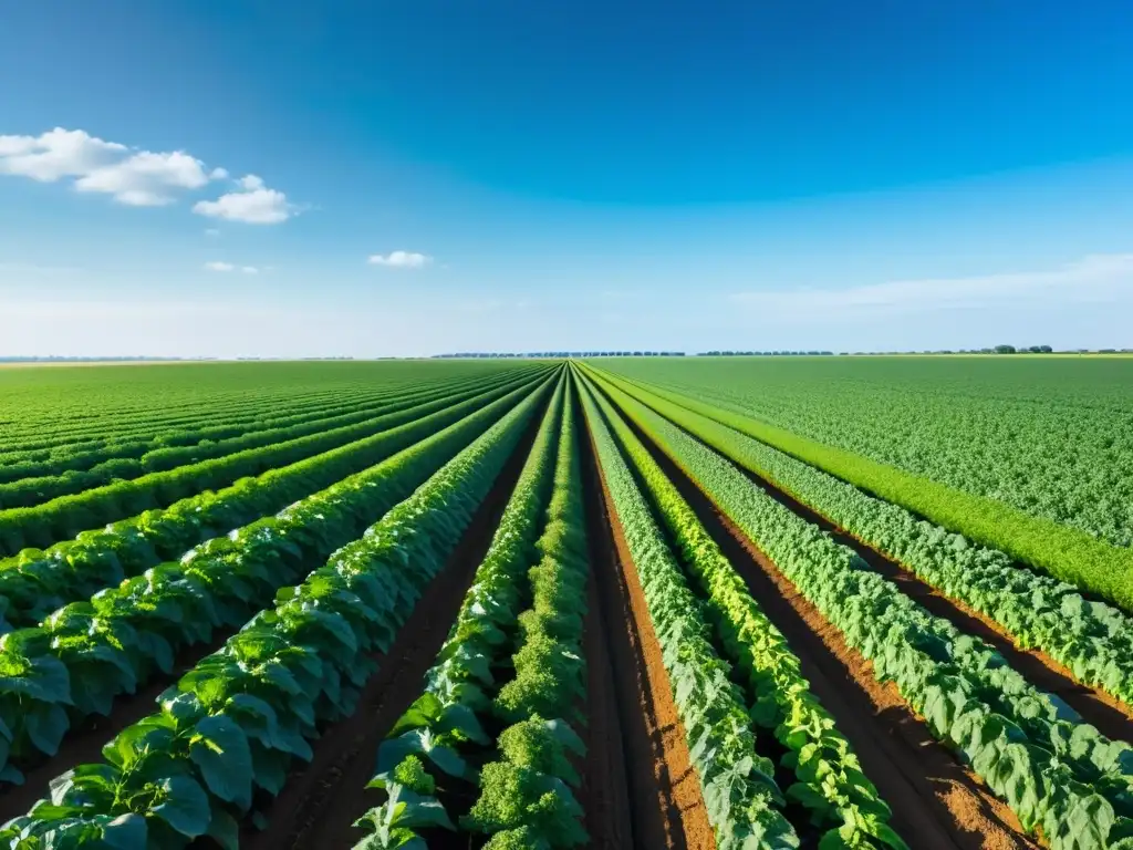 Un campo agrícola extenso y soleado se extiende hasta el horizonte, con cultivos verdes vibrantes en perfectas líneas