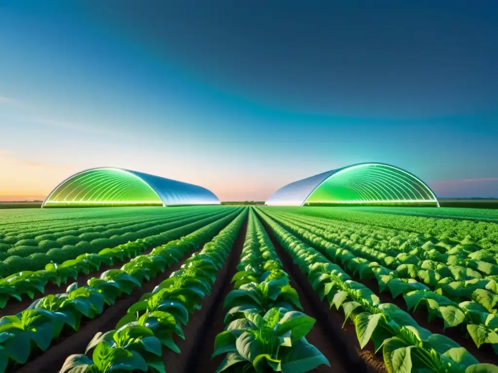 Un campo exuberante de cultivos se extiende hasta el horizonte, mezclando nanotecnología con la belleza natural para una agricultura sostenible