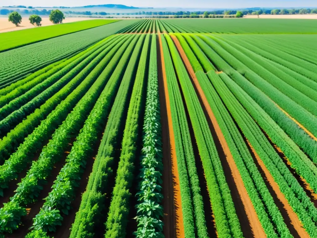 Un campo agrícola exuberante con cultivos vibrantes, riego tecnológico y sensores IoT