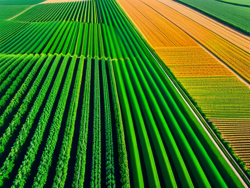 Un campo agrícola exuberante con filas de cultivos se extiende hacia el horizonte