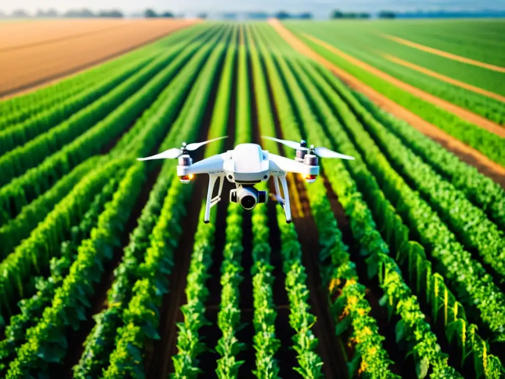 Un campo agrícola exuberante se extiende hasta el horizonte, bañado por la cálida luz del sol