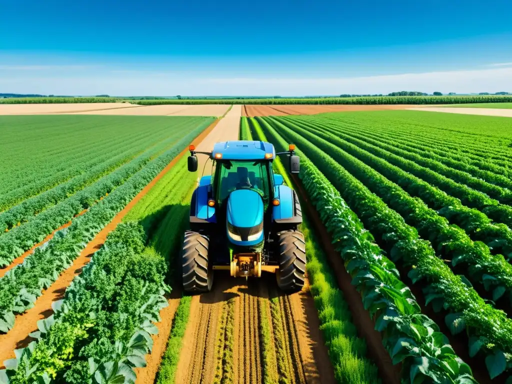 Un campo exuberante se extiende hacia el horizonte, con cultivos verdes y un tractor de alta tecnología utilizando 5G en agricultura de precisión