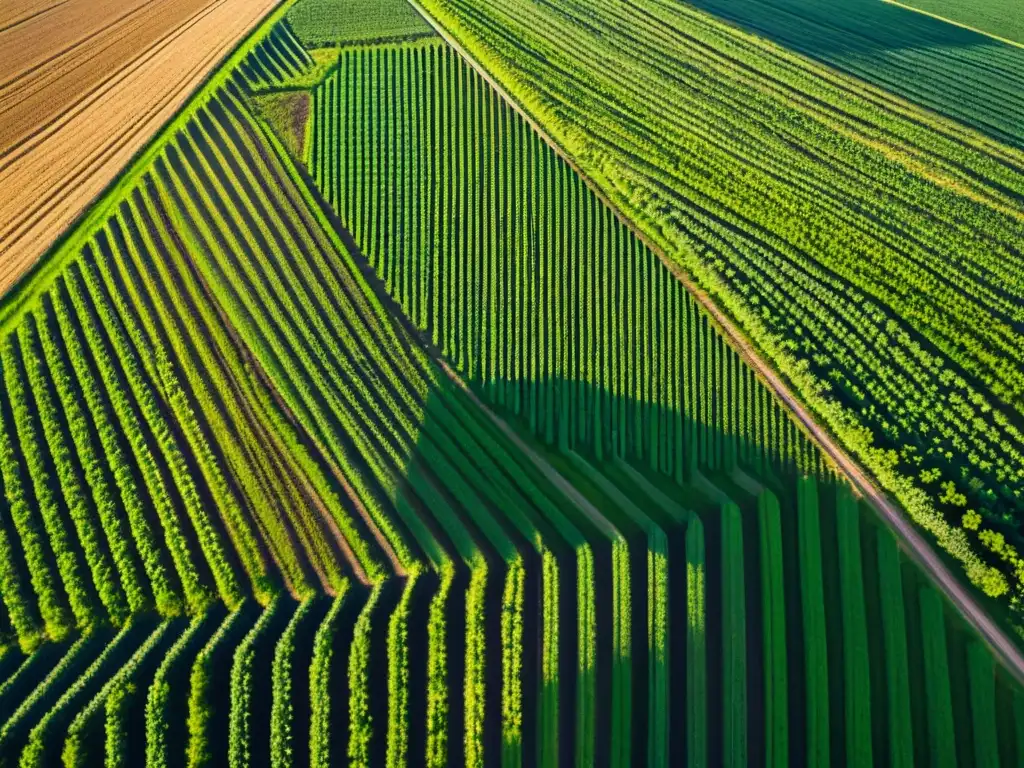 Un campo agrícola exuberante y moderno con cultivos organizados y maquinaria avanzada