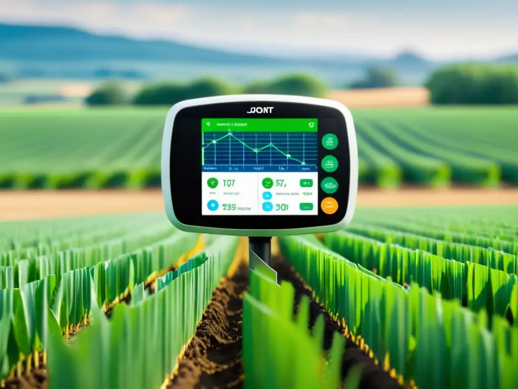 Un campo agrícola exuberante con una red de sensores IoT integrados, capturando datos para el control de calidad de productos agrícolas