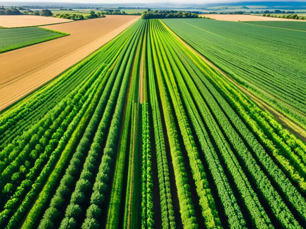 Un campo agrícola exuberante y verde con cultivos ordenados, bañado por la luz solar