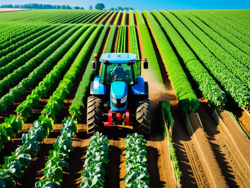 Avanzada tecnología AI en la agricultura sostenible Un campo agrícola exuberante y verde se extiende hacia el horizonte, con cultivos perfectamente alineados y un cielo azul claro sobre él