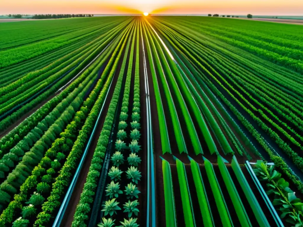 Un campo exuberante y vibrante de cultivos con tecnología de IoT para nutrición, drones y una puesta de sol, fusionando tradición e innovación