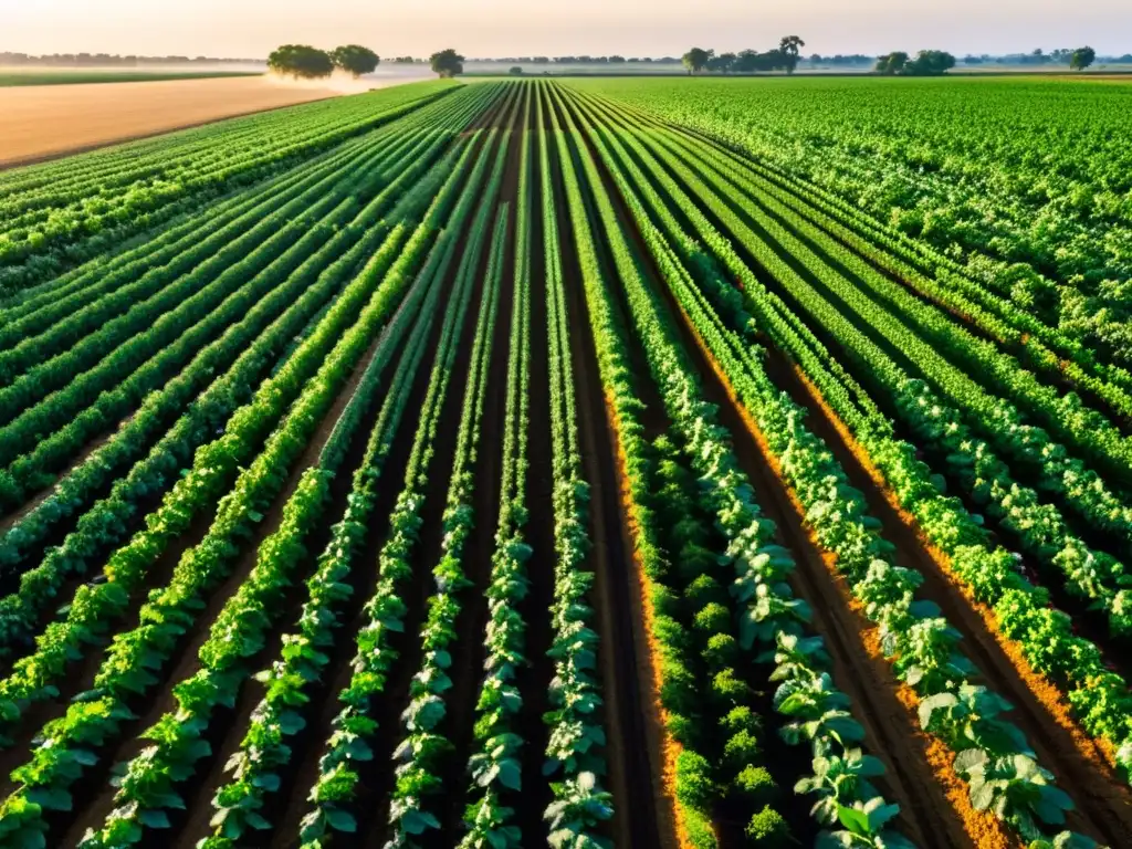 Un campo fértil se extiende hasta el horizonte, bañado por la cálida luz del sol