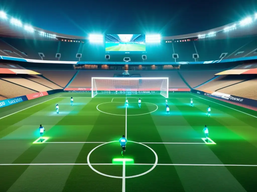 Un campo de fútbol futurista con estadísticas holográficas y estrategias de juego generadas por IA