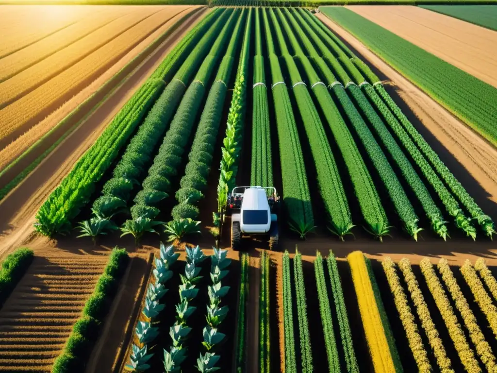 Un campo agrícola futurista con tecnología 5G, maquinaria robótica y cultivos saludables iluminados por el sol dorado