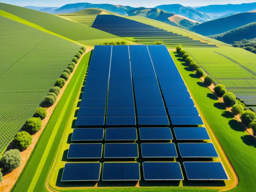 Campo futurista de paneles solares de nanomateriales negros, con energía sostenible en un entorno natural