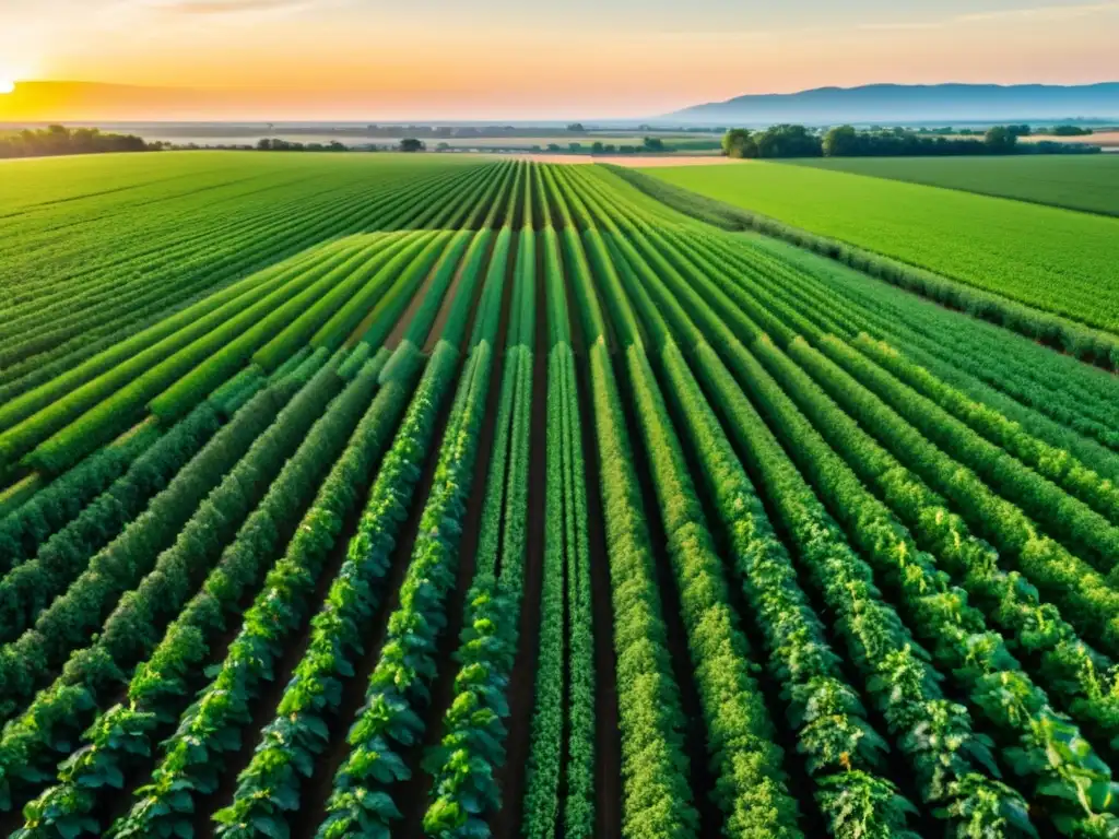 Campo agrícola tecnológico con integración de inteligencia artificial en agricultura, drones, cultivos vibrantes y atardecer dorado